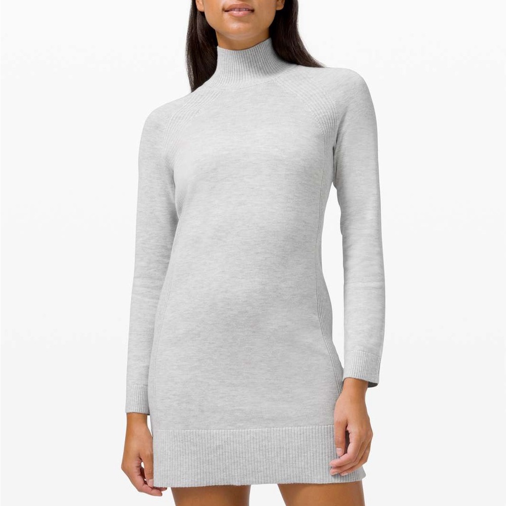 Lululemon Heathered Grey Mock Neck Sweater Mini Dress Cotton Silk Blend Size 12
